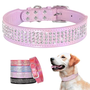 Bling Rhinestone Dog Collar with Diamonds Studded Leather with Heavy Duty Buckle - Picture 1 of 20