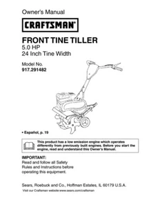 Owners Manual Sears Craftsman 5.0 HP  24” Front Tine Tiller Model 917.291482 - Picture 1 of 4