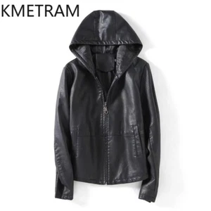 KMETRAM Women's Real Sheepskin Hooded Leather Jacket - Picture 1 of 8