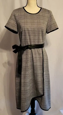 Vintage DKNY - Leather Trim Dress - Gray Houndstooth Print Midi Dress 6/8 Mod - Image 1 of 4