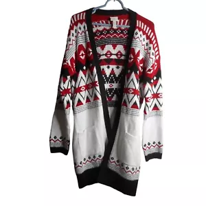 Abstract Aztec Red black white Duster Cardigan Size L w/ pockets knit cotton ble - Picture 1 of 7