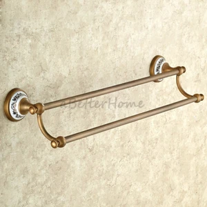 Antique Brass Ceramic Bathroom Towel Rack Bar Holder Double Rail Towel Hanger - Picture 1 of 4