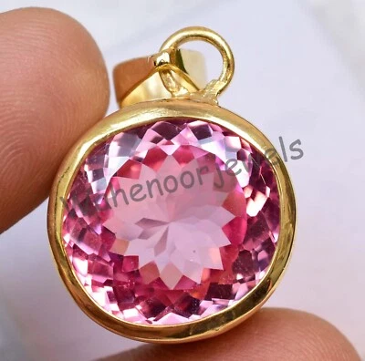 Naturale Padparadscha Zaffiro 20 MM Rotondo 925 Argento Pendente Certificato - Immagine 1 di 4