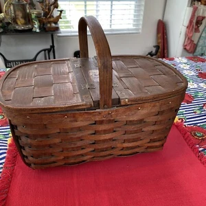 Antique Shelton Double Cover Hinged Small Picnic Basket 15” X 7.25” Paper Label - Picture 1 of 12