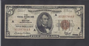 1929 $5 @ FEDERAL RESERVE BANK NOTE @ BOSTON @ - Picture 1 of 2