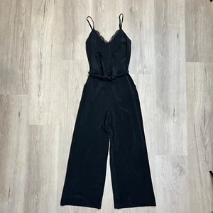 L'Agence Dia Black Silk Lace Trim Camisole Jumpsuit Size 2 Tie Waist V Neck - Bild 1 von 11