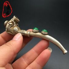 Collectible China Handmade Tibetan Silver Inlaid Jade Dragon Head Pipe