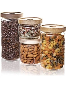 Set 4 contenitori per alimenti con coperchio in legno realizzati in vetro borosilicato sicuro - Foto 1 di 5