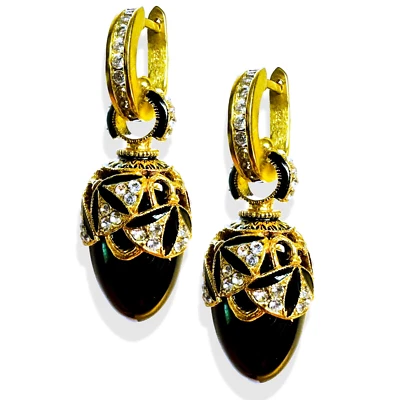 925 Silver Black Onyx Faberge Art Deco Egg Earrings Swarovski Crystals Enamel - Image 1 of 4