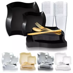 Disposable Plastic Dinnerware Set Party Package Square Wave Design Dinner Plates - Picture 1 of 57