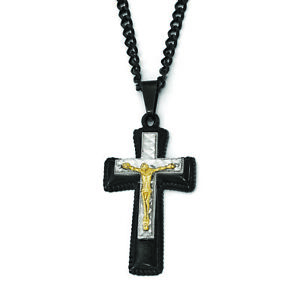 Chisel StainlessSteel Black & Yellow IP-plated w/ Silver IP Brass Crucifix Neckl