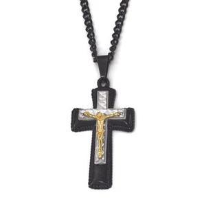 Chisel StainlessSteel Black & Yellow IP-plated w/ Silver IP Brass Crucifix Neckl - Picture 1 of 2