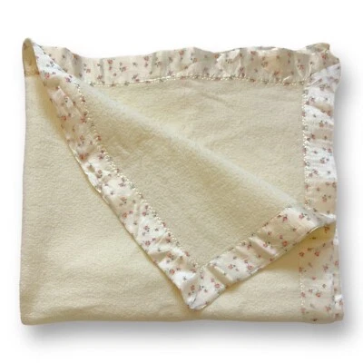 "Manta bebé amarilla vintage con encuadernación acrílica floral rosa 43""x38""" Foto 1 de 4