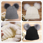 Women Ladies Winter Beanie Cap with Chunky Knitted Double Fur Bobble Pom Pom Hat