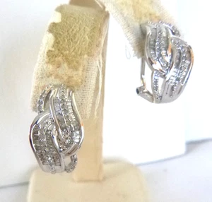 Diamond Earrings 925 Sterling Silver Demi-Hoop Pierced Post/French Back 3/4" - Picture 1 of 4