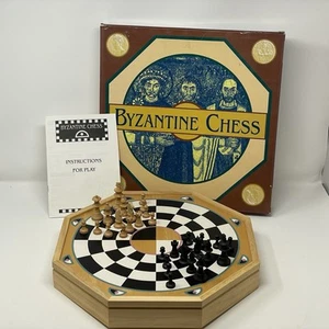 Byzantine Chess Circular Chess Board Wooden Pieces Vintage 1995 - Picture 1 of 9