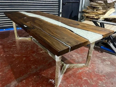 white Epoxy & Natural Wood Tabletop – 54" x 24" Wooden Elegant Table - Image 1 of 4