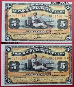 ESPAÑA COLONIAL BANCO ESPAÑOL PAREJA CORRELATIVA de 5 Pesos 1896 SIN CIRCULAR. - Picture 1 of 2
