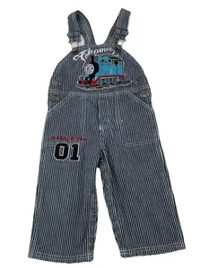 Vintage Y2K Boys Thomas The Train Pinstripe Overalls Denim Jeans Embroidered 18M - Picture 1 of 12