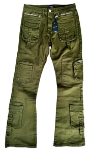 Forever 21 Men's Slim Flare Leg Jeans Sz 32 Olive Green Mid Rise Narrow Hip NEW - Picture 1 of 7