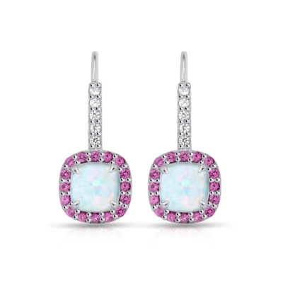 Cushion Cut Halo Simulated Opal & Ruby Leverback Earrings in Sterling Silver - Image 1 of 3