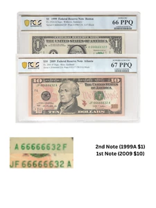 $1 and $10 Set of 2 Note MATCHING SERIAL NUMBERS 66666632 PCGS Graded 66/67 PPQ - Picture 1 of 3