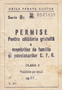 Rumänien, 1961, Rumänische Eisenbahn CFR Personalausweis - Freier Erlaubnis, 2. Klasse - Bild 1 von 8
