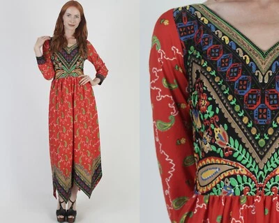 Vtg Colorful Asym Hanky Hem Dress High Low Handkerchief Tapestry Cocktail Party - Image 1 of 4