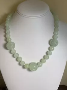 Antique Hand Carved Celadon Jade Chinese Shou Court Necklace - Picture 1 of 5