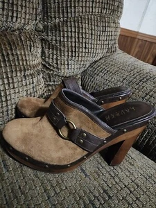 Ralph Lauren Clogs High Heels Mules Brown Suede Leather Size 9.5M Womens Clean - Picture 1 of 7
