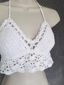 Hand Crocheted Cotton Bikini Crop Top 36" - 42" C/D Cup. White. - Picture 1 of 9