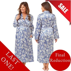 Blue Floral Satin Long Full Length Dressing Gown Wrap Bath Robe Kimono 26 28 - Picture 1 of 2
