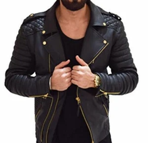 Para hombre Chaqueta de Cuero de Cordero Real Estilo Motocicleta Calce Ajustado Abrigo Negro DD - Imagen 1 de 4