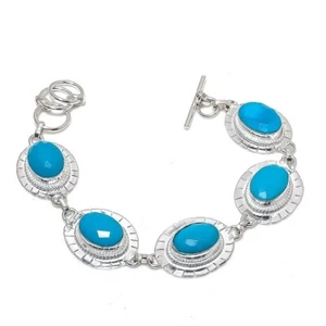 Blue Turquoise Gemstone Handmade 925 Sterling Silver Jewelry Bracelet Size 7-8" - Picture 1 of 1