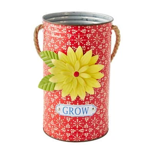 NEW - The Pioneer Woman, Summer Starburst Geo Tin Daisy "Grow" Bucket, Red, 8" - Picture 1 of 5