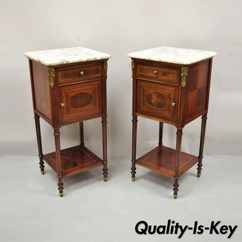 Antique French Louis XVI Marquetry Inlay Marble Top Nightstand Washstand - Pair Cover