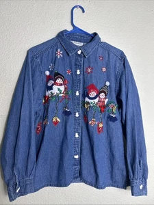 Camicia vintage Dressbarn donna grande denim con bottoni Natale pupazzi di neve LS - Foto 1 di 15