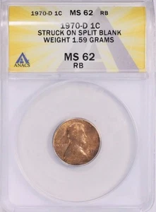 1970-D 1C Lincoln Cent Split Planchet Error MS62 ANACS - Lamination - Capped Die - Picture 1 of 3