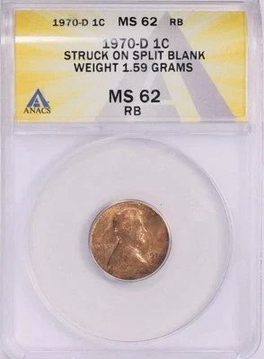 1970-D 1C Lincoln Cent Split Planchet Error MS62 ANACS - Lamination - Capped Die - Image 1 of 3