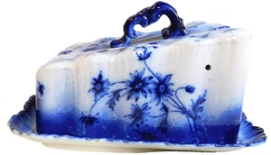 Antique~ VICTORIAN STAFFORDSHIRE FLOW BLUE WEDGE SHAPED CHEESE PLATE & LID - Picture 1 of 11
