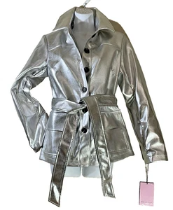 NWT! Avec Les Filles SILVER METALLIC BELTED JACKET Small Womens NEW! - Picture 1 of 13