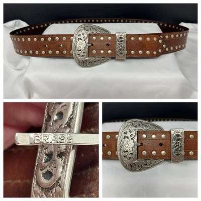 Vintage Western Belt Wide Brass Buckle Leather L/XL Waist 33-37" Studded Ornate - Image 1 of 4