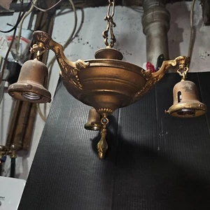 Ornate Antique Brass Pan Light Fixture Chandelier Victorian 3 light Victorian - Picture 1 of 9