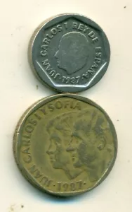 2 DIFFERENT COINS from SPAIN - 200 & 500 PESETAS (BOTH DATING 1987) - Picture 1 of 2