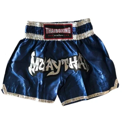 Pantalones Cortos Muay Thai Lucha Boxeo MMA Equipo Artes Marciales Tela Satinada Borde Plateado Foto 1 de 4
