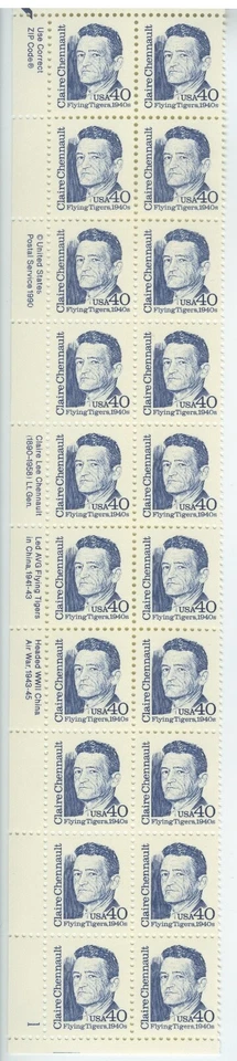 US Plate Block of 20 stamps Scott# 2187 Claire Chennault MNH 40 cents - Image 1 of 1