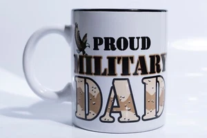 Proud Military Dad Ceramic 10oz Coffee Mug Cup Camo Eagle White Tan & Brown USA - Picture 1 of 5