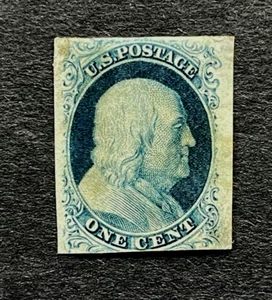 mystamps francobollo USA 7, un centesimo Franklin, BlueType II, MNG CV $415, 1851 certificato - Foto 1 di 3