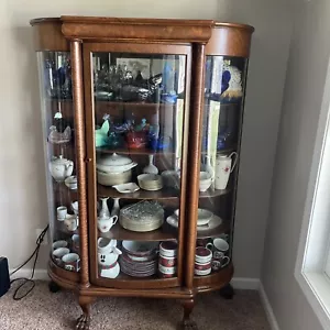 Victorian Antique Oak Curved Glass Curio China Cabinet - Picture 1 of 7