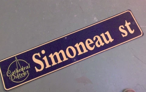Vintage SIMONEAU ST Cathedral District Street Sign 42" X 9" -GOLD on NAVY Ground Cover
